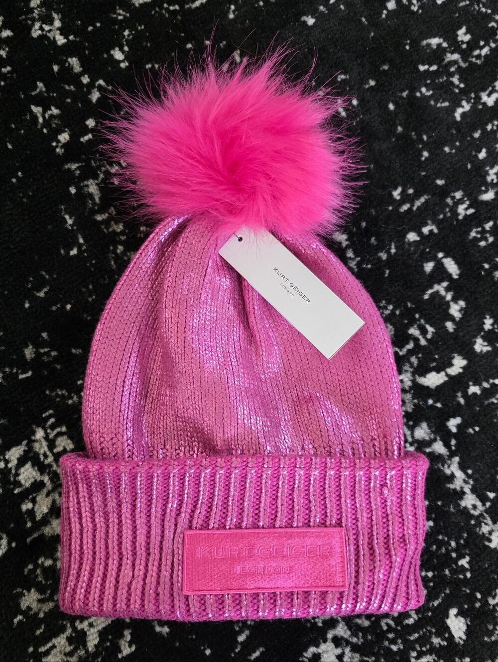 Kurt Geiger London Foil Metallic Pompom Beanie Fushia NEW WITH TAGS